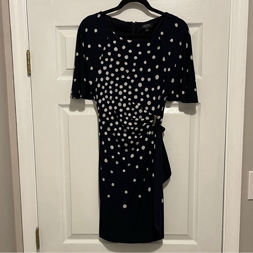 Tahari Navy and White Polka Dot Dress - Size 6P
